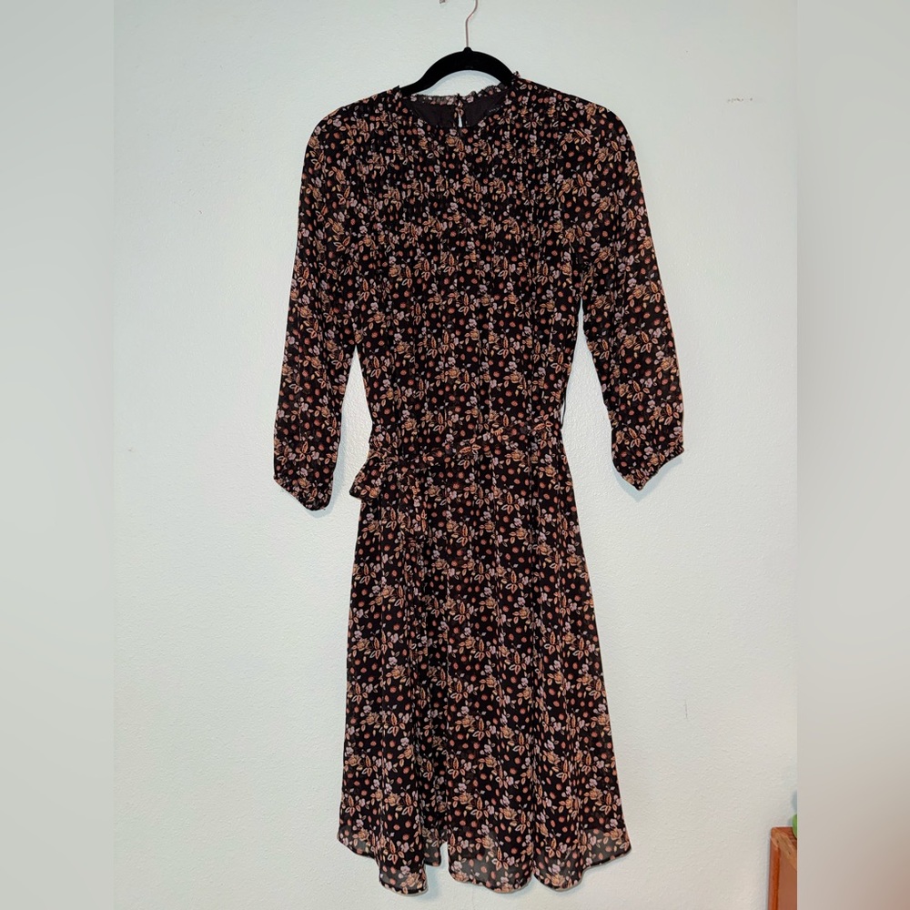 Ann Taylor Black Floral Smocked Long Sleeve Midi Dress Size XS